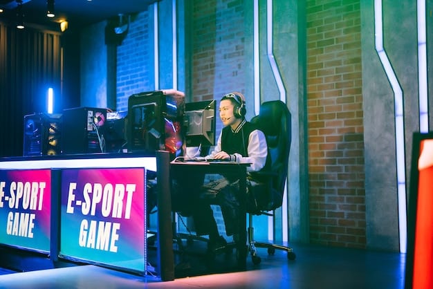 A screen showing a live stream of an eSports tournament, with various overlays displaying player statistics, live chat, and social media feeds, illustrating the interactive and community-driven nature of niche sports streaming.