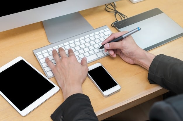 A person's hands typing on a laptop keyboard. The laptop screen displays multiple streaming service logos arranged in a grid. A notepad and pen are next to the laptop.