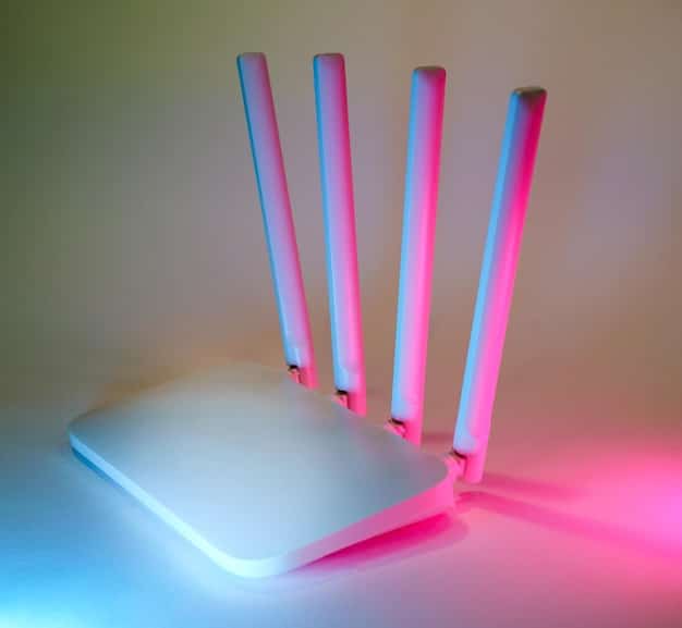 A modern Wi-Fi router with multiple antennas, emitting a signal symbol. The image should highlight the importance of a strong and stable internet connection for seamless streaming.