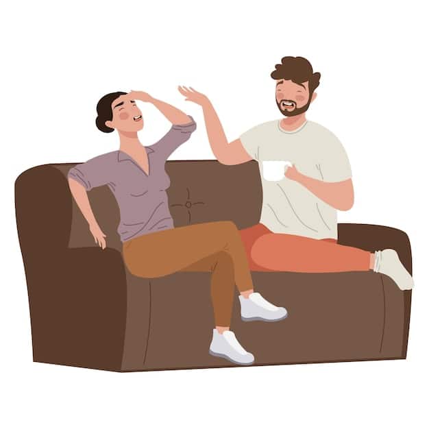 Two people sitting on a couch; one with their hands over their ears and eyes closed, while the other is animatedly talking with a visible speech bubble showing major plot points of a popular show.