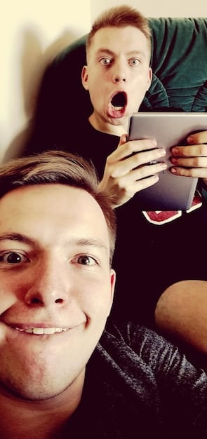 A split image; one side shows a person excitedly watching a movie, and the other side shows the same person looking disappointed after reading a spoiler on their phone.