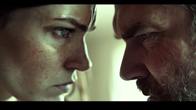 A close-up shot of a character's face in , depicting a moment of betrayal, where their true intentions are revealed. The lighting should be dramatic, highlighting the shock and disbelief on the faces of the other characters.