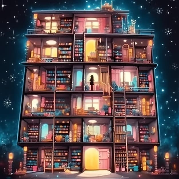 A digital illustration depicting a bookshelf filled with various books, each book representing a different story with hidden meanings and symbolic layers.