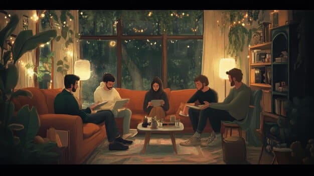 A cozy scene where a group of friends is gathered around a table, animatedly discussing 's latest episode over coffee, showcasing their shared enthusiasm and the show's ability to foster social connections