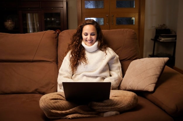 A person relaxing on a couch with a laptop, engrossed in reading an episode recap on a website. The room is cozy and warm with soft lighting.