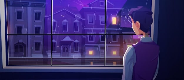 A dimly lit scene showing a character looking pensively out of a window, reflecting the internal conflicts they are experiencing in the episode. The focus is on the character's silhouette and the moody atmosphere.