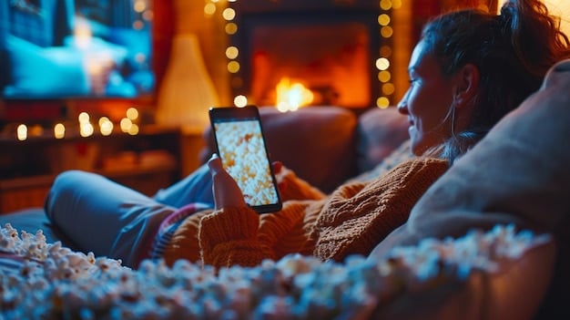 A person sitting on a couch, using a tablet to read an episode recap while a television plays in the background. The scene is warmly lit, suggesting a cozy and relaxed viewing experience.