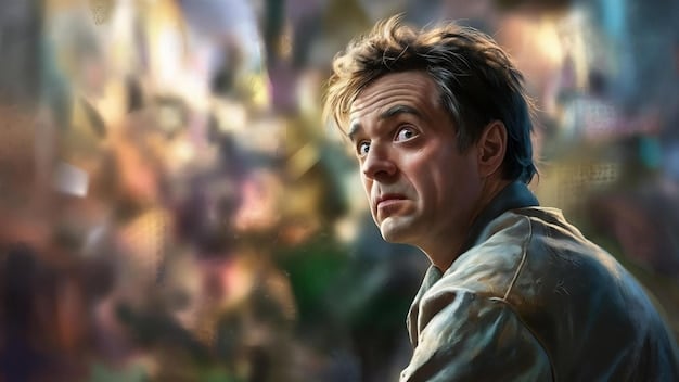 A close-up of Character A looking distressed, with a blurred background suggesting a chaotic environment.
