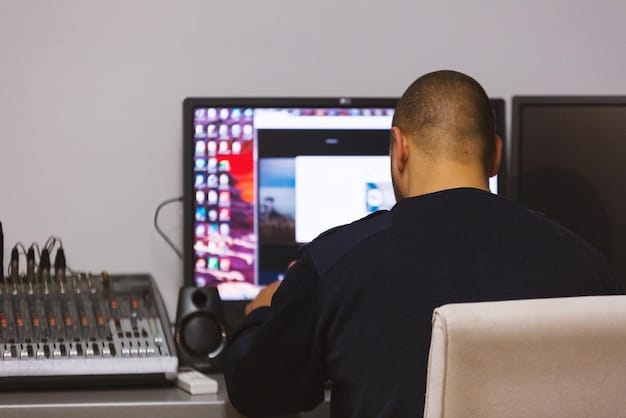 Close-up shot of a person editing video footage on a computer, with multiple screens displaying video clips and editing software interfaces. Focus on the concentration and dedication of the editor.