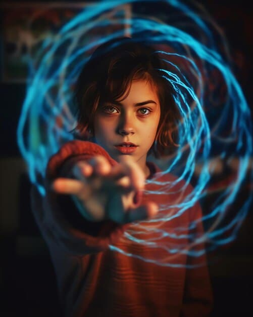 Close-up of Eleven looking determined with her powers activated, surrounded by swirling energy.