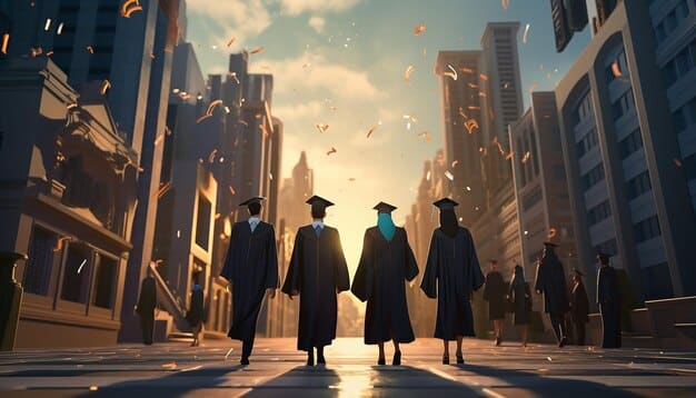 A split image: on one side, a graduation cap symbolizing the end of high school; on the other, a cityscape hinting at the characters' lives after the time jump in Euphoria Season 3.