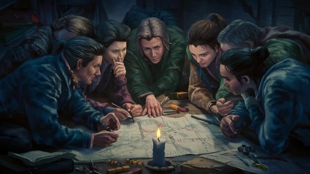 A group of rebels planning in a cluttered hideout, maps and weapons strewn across the table, highlighting the blend of strategy and desperation.