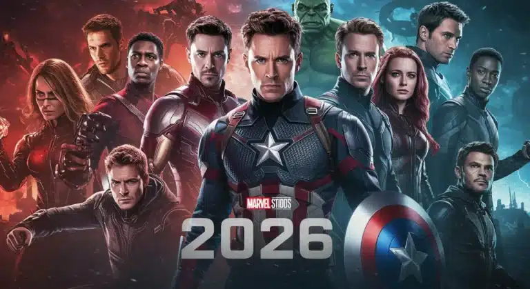 Dynamic Marvel Cinematic Universe 2026 Spoilers poster, hinting at Phase 6 plot twists and character developments.