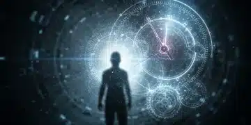 Mysterious temporal clock with shadowy figure, symbolizing unanswered questions in The Chronos Paradox