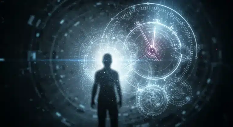 Mysterious temporal clock with shadowy figure, symbolizing unanswered questions in The Chronos Paradox