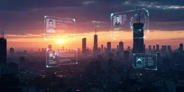 Futuristic city at dawn with holographic displays related to Cybernetic Dawn theories.