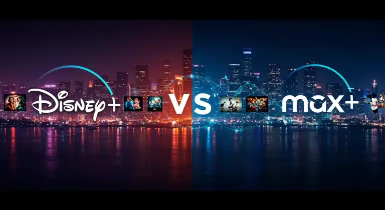 Disney+ and Max logos clashing, symbolizing streaming competition in 2026