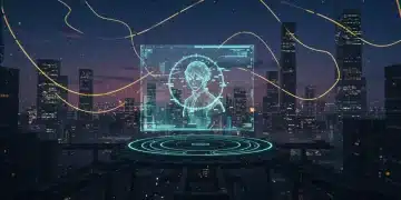 Futuristic cityscape with holographic projections of 'Echoes of Eternity' character.