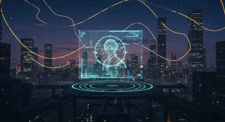 Futuristic cityscape with holographic projections of 'Echoes of Eternity' character.