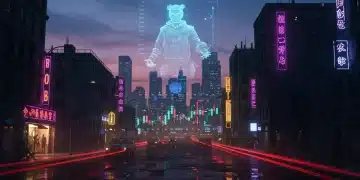 Futuristic cityscape with holographic projection of 'Echoes of Tomorrow' character, symbolizing series impact
