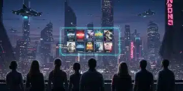Futuristic cityscape with holographic display showcasing upcoming sci-fi series of 2026.