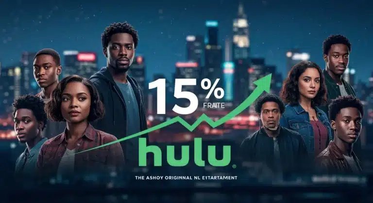 Hulu logo with diverse original series characters and growth chart