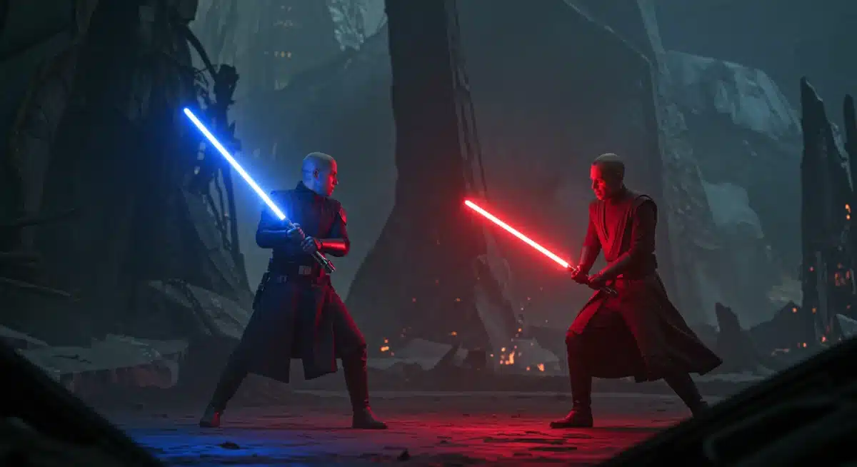Intense lightsaber duel between Jedi and Sith in Acolyte series