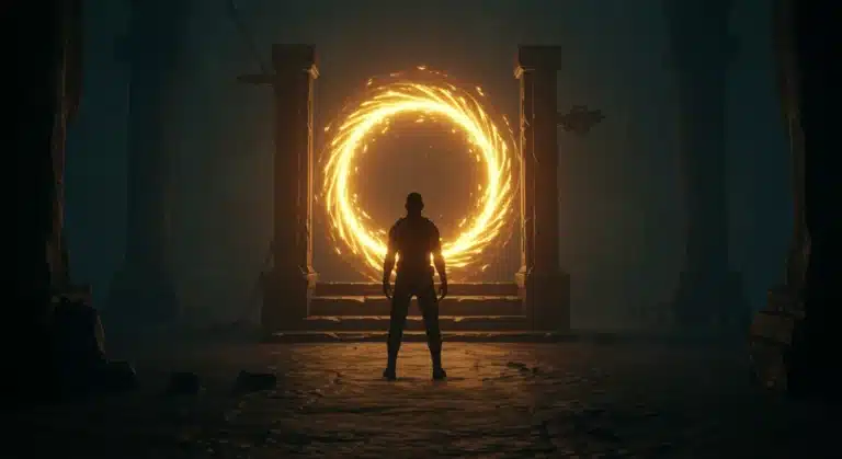 Mysterious figure at a glowing portal revealing a hidden game ending