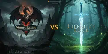 Comparative display of 'Mythic Realms' and 'Eternity's Edge' series logos and thematic visuals.