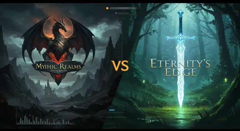 Comparative display of 'Mythic Realms' and 'Eternity's Edge' series logos and thematic visuals.