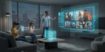 Family enjoying Amazon Prime Video's new immersive VR and holographic features in a futuristic living room
