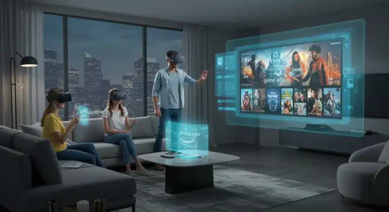 Family enjoying Amazon Prime Video's new immersive VR and holographic features in a futuristic living room