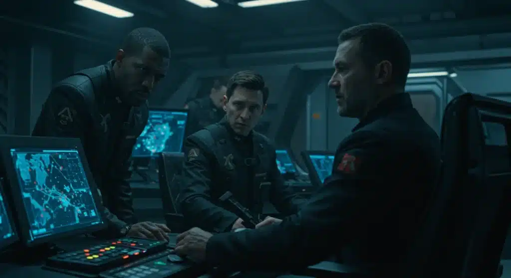 Three main characters from Shadowfall Episode 4 making crucial decisions in a tense, futuristic control room.