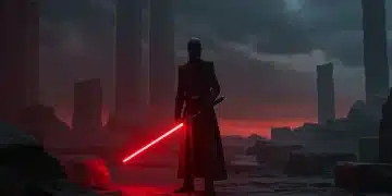 Star Wars Acolyte series shadowy figure with red lightsaber in temple ruins