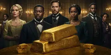 Elegant characters in opulent setting behind golden bars, symbolizing the themes of 'The Gilded Cage' series.