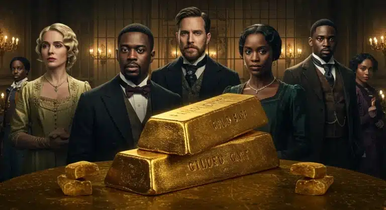 Elegant characters in opulent setting behind golden bars, symbolizing the themes of 'The Gilded Cage' series.