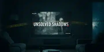 Atmospheric shot of 'Unsolved Shadows' series title on a TV screen in a modern living room.