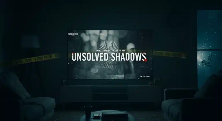 Atmospheric shot of 'Unsolved Shadows' series title on a TV screen in a modern living room.