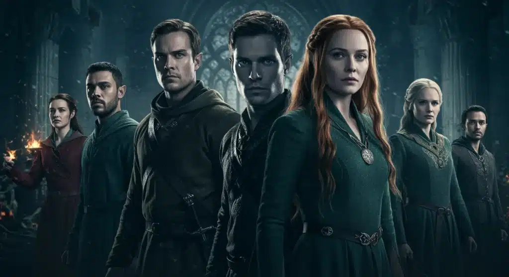The Wheel of Time Season 3 cast in a dramatic, magic-filled scene, representing upcoming book changes.