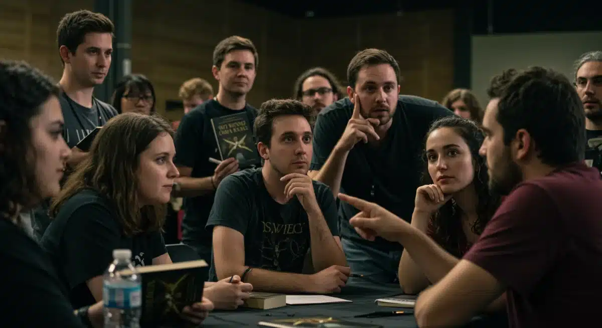 Wheel of Time fans discussing book-to-screen changes and theories in a lively group setting.