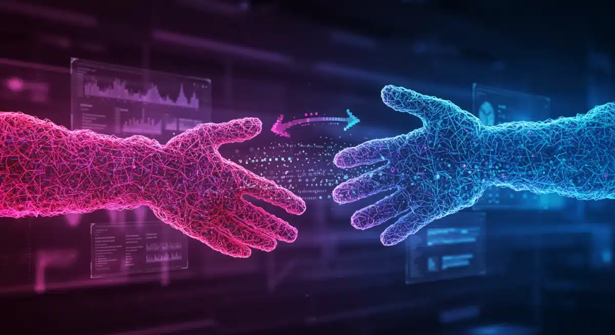 Digital handshake symbolizing a content licensing agreement between two entities.