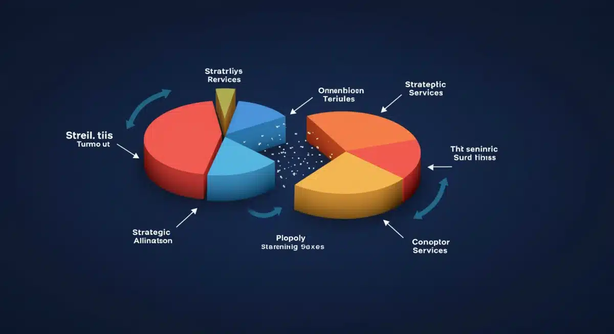 Market share pie charts merging, illustrating streaming industry consolidation and strategic alliances.