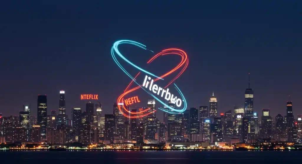 Futuristic city skyline with glowing streaming service logos, representing anticipated mergers and market consolidation by 2026.