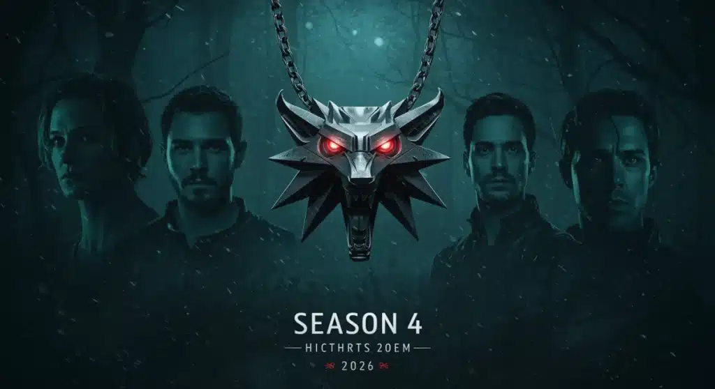 Witcher Season 4 Recasts: Medallion and new cast silhouettes against a dark forest.