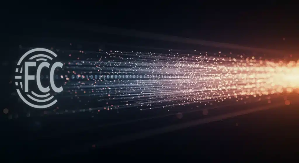 Fiber optic cables and digital data streams with FCC logo, symbolizing new streaming regulations.