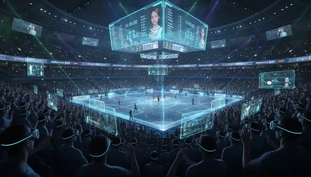 Futuristic sports stadium with holographic displays and VR-clad fans, symbolizing advanced live sports streaming.