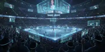 Futuristic sports stadium with holographic displays and VR-clad fans, symbolizing advanced live sports streaming.
