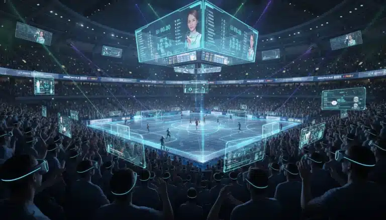 Futuristic sports stadium with holographic displays and VR-clad fans, symbolizing advanced live sports streaming.