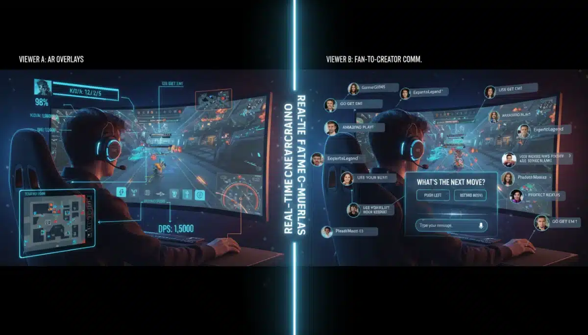Split screen showing real-time co-creation and AR overlays in streaming