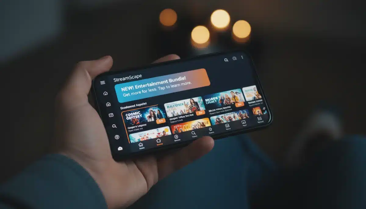 Smartphone displaying streaming app with a new bundle offer notification.